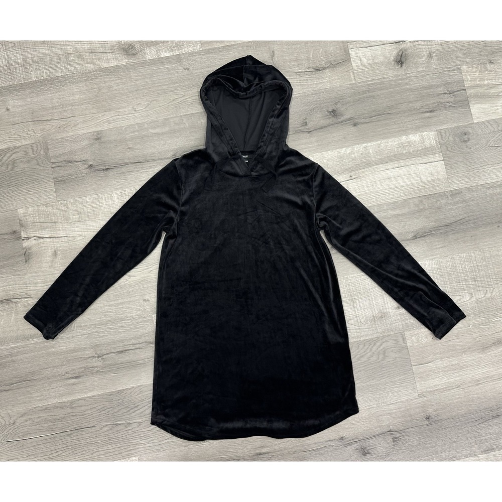 Alfani Intimates Woman's Ultra-soft velvet Hooded Pajama Shirt Black Cozy Dreams